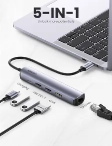 Docking Station Ugreen, 5 Puertos, Interfaz Usb-c, 2x Usb-a, 1x Hdmi, 1x Rj45, 1x Usb-c Pd, Gris/negro