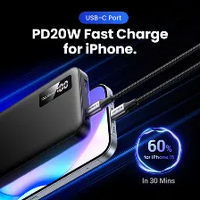 Power Bank Ugreen 10000 Mah, Usb-a, Usb-c, Indicador Led, Carga Rapida 20w, Negro
