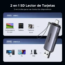 Lector De Memorias Ugreen, Interfaz Usb-a/usb-c, Microsd, Sd, Hasta 2tb, Plata