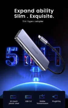 Hub Ugreen Interfaz Usb-c 3.2, 4x Usb-a 3.0, 5 Gbit/s, Gris