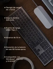 Teclado Techzone Tzactcb01 Inalámbrico, Rf Inalámbrico + Bluetooth, Negro, Plata